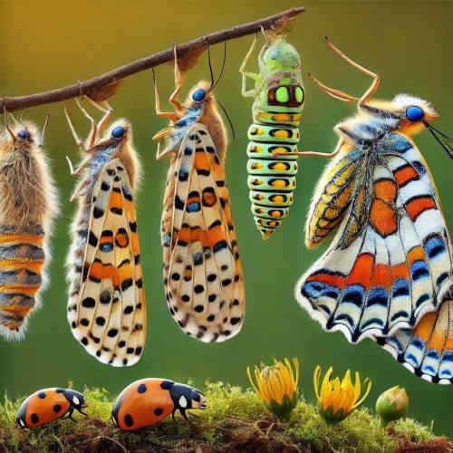 Ein Schmetterling in verschiedenen Metamorphose-Stadien